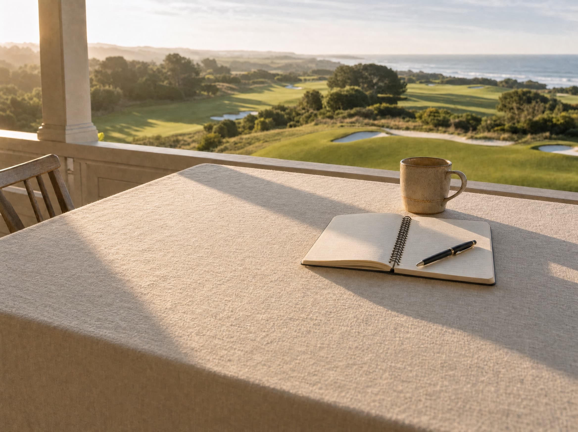 A writing table on a sunlit porch above a coastal golf course at first light, an open notebook and fountain pen beside a cup of coffee.
