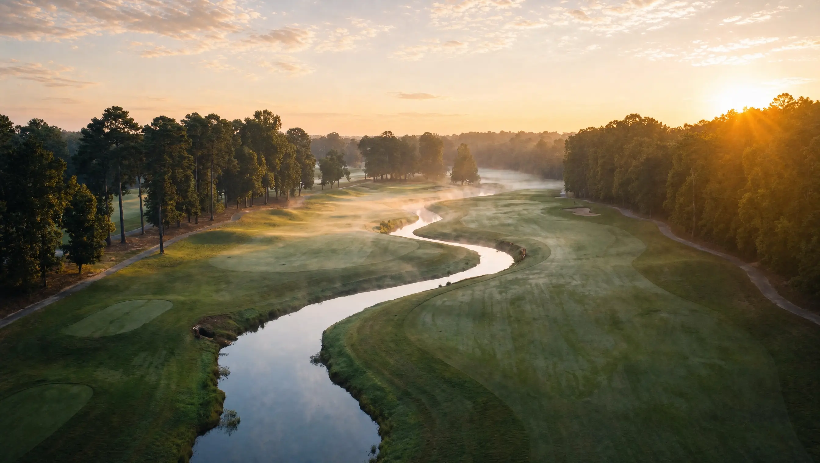 Golden sunrise over the golf course: a serpentine creek winding between green fairways and tall treelines, thin mist glowing in the low light